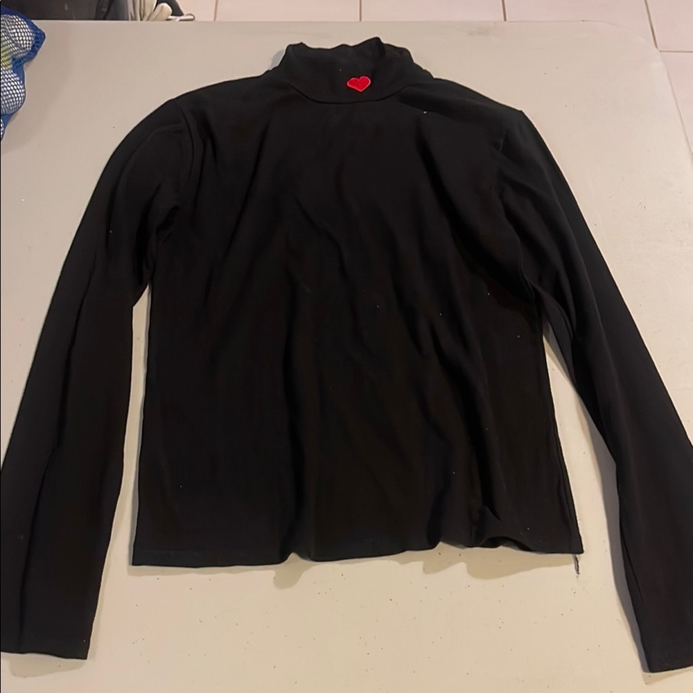 Black Mock Neck Long Sleeve Top with Red Heart